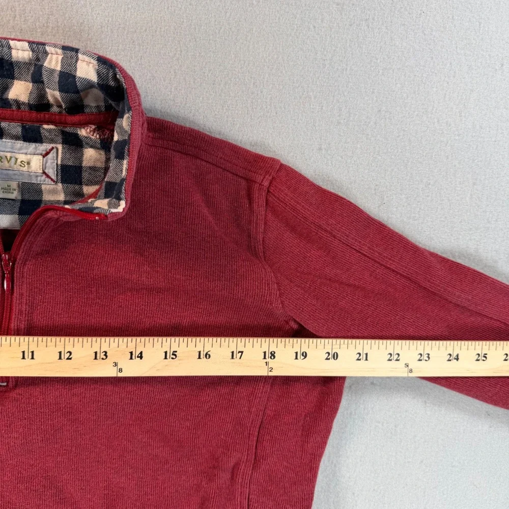 Orvis Mens Quarter Zip Pullover Sweater Red Gingham Trim Ribbed Knit Size M